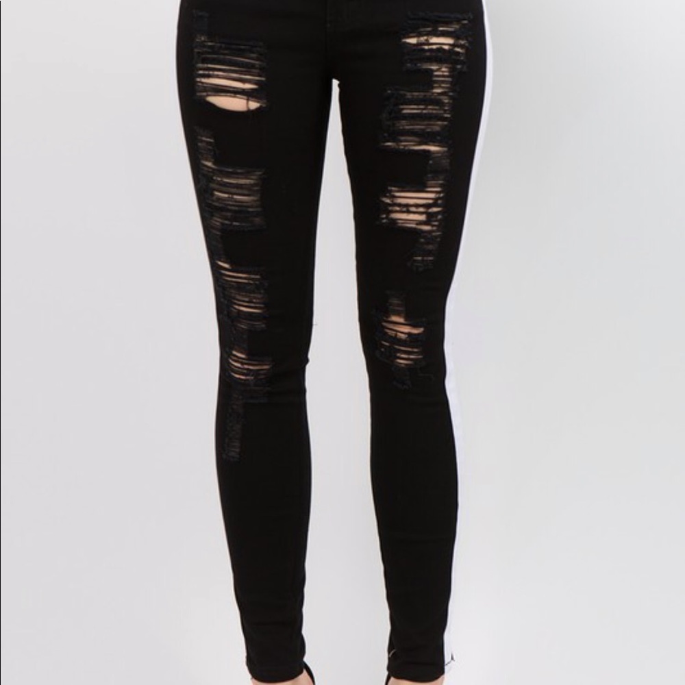 Plus Size Black Distressed Ripped Striped Jeans - Picture 3 of 4